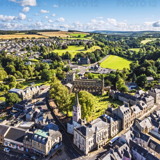Jedburgh Abbey from a drone, Augustinian Abbey, Jedburgh, Scottish Borders, Scotland, UK