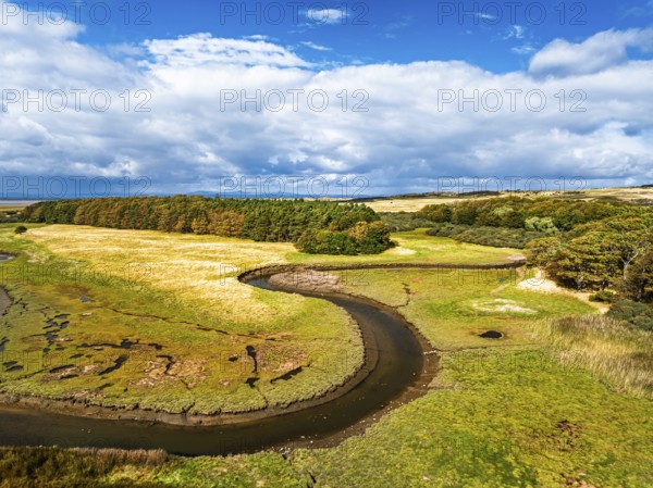 Marshes over Aberlady Bay and Peffer Burn from a drone, Luffness Castle, Aberlady, East Lothian, Scotland, UK