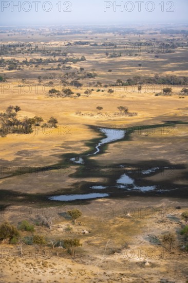 River landscape, savanna landscape with yellow grass, aerial view, Okavango Delta, Botswana