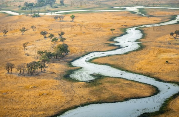 River landscape, idyllic river course, savanna, aerial view, Okavango Delta, Botswana