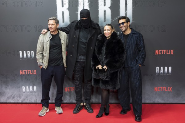 Paco-Luca Nitsche, Aykut Anhan aka Haftbefehl, Nina Anhan and Elyas M'Barek at the premiere of the Netflix film Babo at the Astor Film Lounge Berlin on 24.10.2025