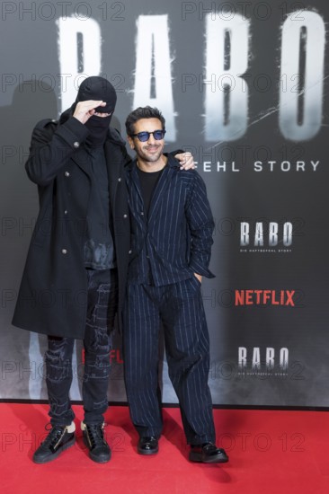 Aykut Anhan aka arrest warrant and Elyas M'Barek at the premiere of the Netflix film Babo in the Astor Film Lounge Berlin on 24.10.2025