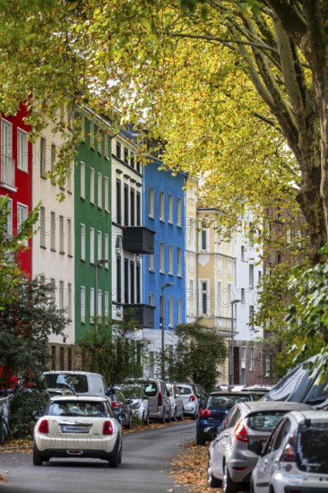 Residential buildings in Düsseldorf-Bilk, facades with different colors, rental apartments, past, North Rhine-Westphalia