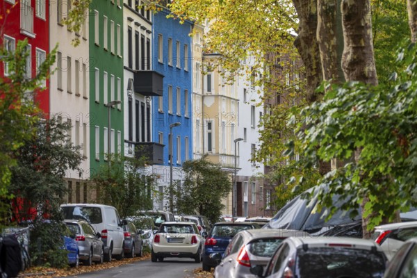 Residential buildings in Düsseldorf-Bilk, facades with different colors, rental apartments, past, North Rhine-Westphalia