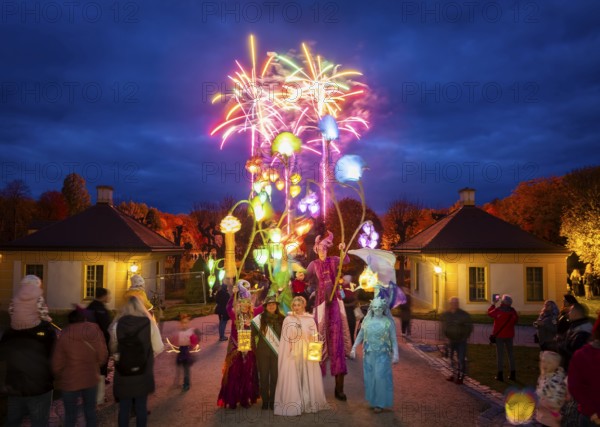 Moritzburg Fish and Forest Festival, Large lantern parade for baroque fireworks on the castle meadow, Moritzburg, Saxony, Germany