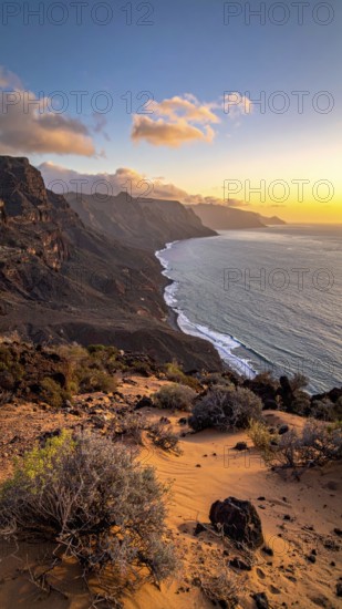 Desert landscape converges with ocean along a rugged coastal area, shore break at cliffs, blue cloudy sky at sunset, dry landscape in an aerial drone view, AI generated