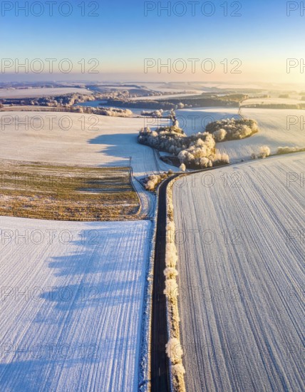 Bird Eye Perspective of Frost Covered Farmland. Seasonal Agricultural Scenery, winter and autumn scene, blue sky with golden light at sunrise, AI generated