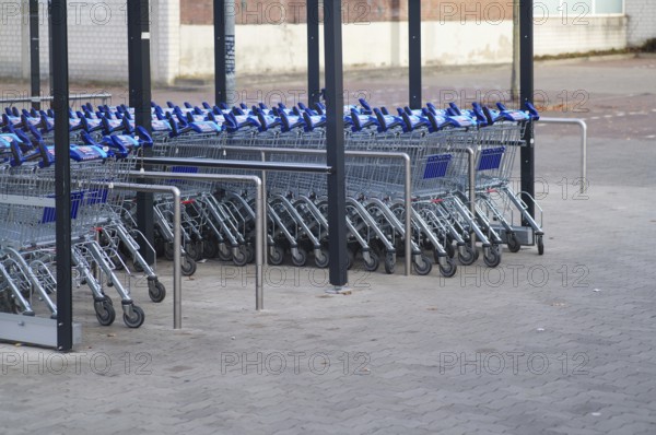 Borken, NRW, Germany, REmpty shopping carts neatly arranged in rows under a shelter in a parking lot