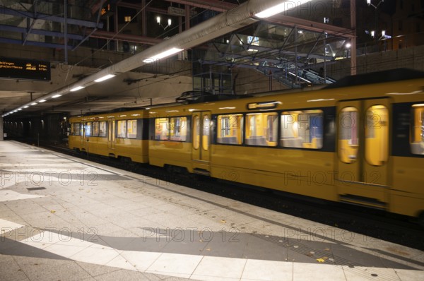 Underground subway, train, tram, U14, SSB, Stuttgart trams, yellow, movement effect, platform, stop, Erwin-Geiger-Platz station, public transport, VVS, Stuttgart transport network, Baden-Württemberg, Feuerbach district, Stuttgart, Baden-Württemberg, Germany