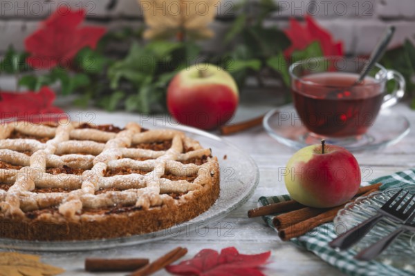 Apple cake with powdered sugar next to tea and apples, surrounded by autumn leaves and cinnamon sticks