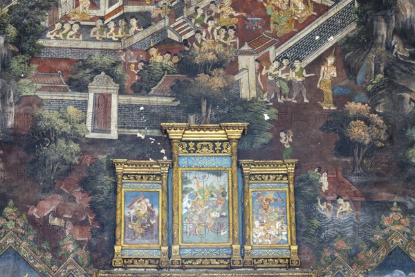 Exquisite wall paintings, interior view of Phra Ubosot or ordination hall, Wat Suthat Thepwararam, Royal Temple, Phra Nakhon, Bangkok, Thailand
