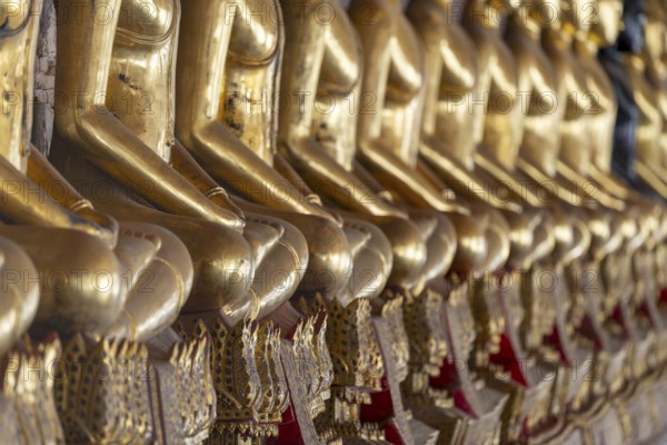 Gilded Buddha statues (Bhumispara mudra: Buddha Gautama at the moment of enlightenment), Wat Suthat Thepwararam, Royal Temple, Phra Nakhon, Bangkok, Thailand