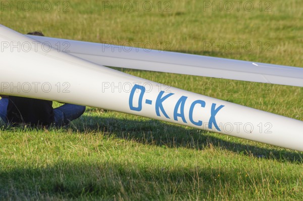 Rear of a glider with the registration D-KACX as part of an air show on Rossfeld in Metzingen-Glems, Baden-Württemberg, Germany, for editorial use only