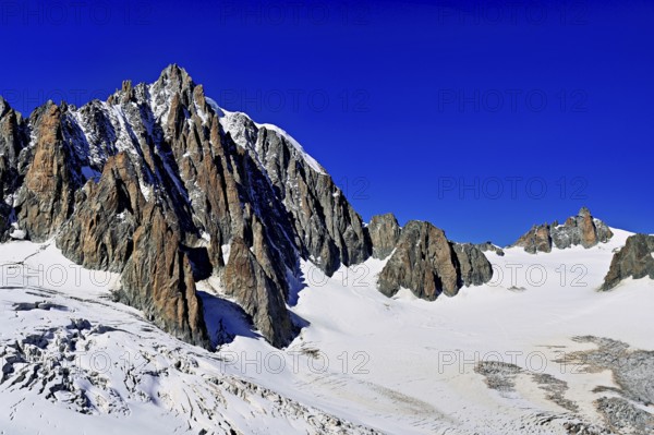 View from the Télécabine Panorama Railway of the Mont Blanc du Tacul mountain station, the Aiguille du Midi mountain station in the foreground, the glacier du Géant, Chamonix-Mont-Blanc, Haute-Savoie, France