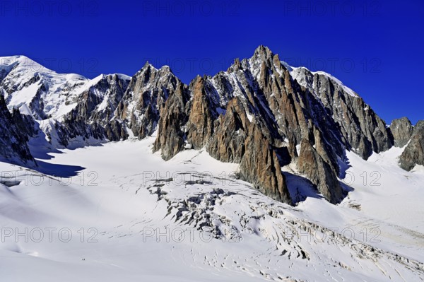 View of the mountains from the Télécabine Panorama Railway, Mont Blanc, Mont Maudit, Le Mont Blanc du Tacul, in the foreground the glacier du Géant, Chamonix-Mont-Blanc, Haute-Savoie, France