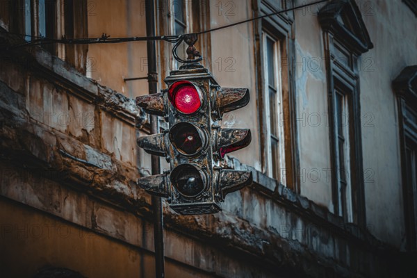An old traffic light with red light in front of a weathered building