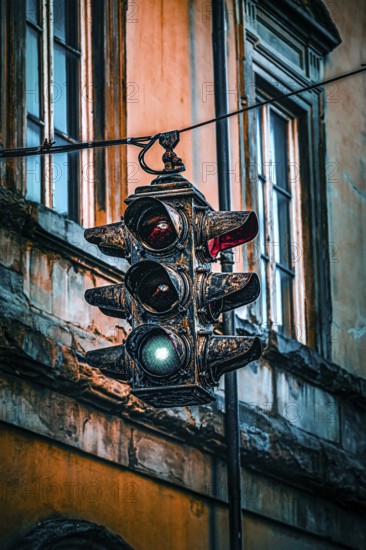 An old traffic light in front of a building shows green light
