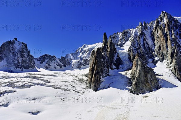 View of the mountains from the Télécabine Panorama Railway, La Tour Ronde, Mont Blanc, Le Mont Blanc du Tacul, in the foreground the glacier du Géant, Chamonix-Mont-Blanc, Haute-Savoie, France