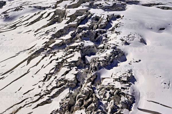 View from the Télécabine Panorama Railway of the glacial crevices of the Glacier du Géant, Chamonix-Mont-Blanc, Haute-Savoie, France