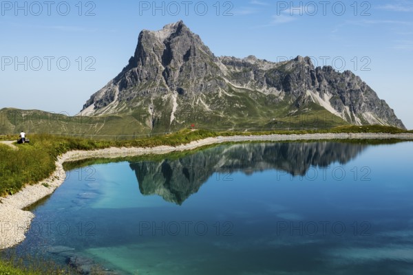 Mountain landscape with reservoir and chairlift, Saloberkopf, Widderstein, Warth, Bregenzerwald, Vorarlberg, Alps, Austria