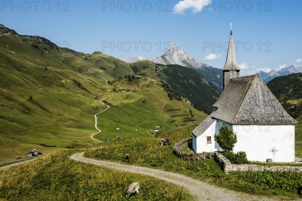 Mountain landscape and chapel, Hochtannberg Pass, Warth, Bregenzerwald, Vorarlberg, Alps, Austria