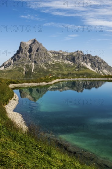 Mountain landscape with reservoir and chairlift, Saloberkopf, Widderstein, Warth, Bregenzerwald, Vorarlberg, Alps, Austria