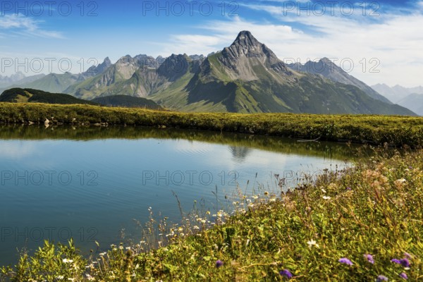 Mountain landscape and picturesque little lake, Saloberkopf, Warth, Bregenzerwald, Vorarlberg, Alps, Austria