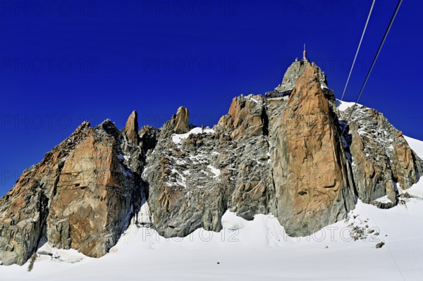View from the Télécabine Panorama Railway to the Aiguille du Midi mountain station, Chamonix-Mont-Blanc, Haute-Savoie, France