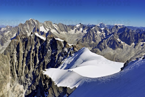 View from the Aiguille du Midi mountain station observation deck of the mountains Aiguille Vert, Les Droites, Les Courtes, Chamonix-Mont-Blanc, Haute-Savoie, France