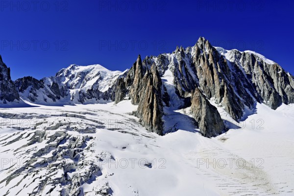 View of the mountains from the Télécabine Panorama Railway, Mont Blanc, Le Mont Blanc du Tacul, in the foreground the glacier du Géant, Chamonix-Mont-Blanc, Haute-Savoie, France
