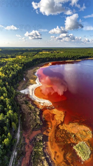 Red algae plant on the lake. abstract ecology nature concept, wild landscape with vibrant red colored water and green forest on a sunny day in summer, Aerial view, wilderness nature with no people around, AI generated