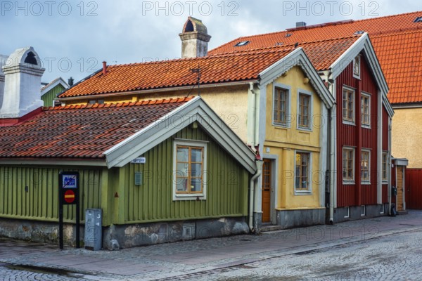 Three old houses in the old town of Kalmar, Småland, Sweden, Scandinavia