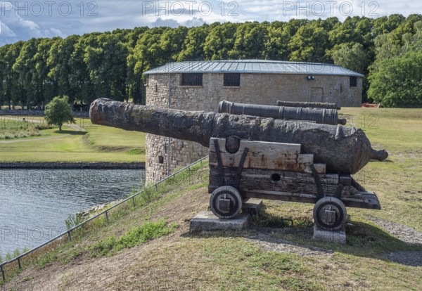 Old cannons on the rampart around the castle in Kalmar, Småland, Sweden Scandinavia