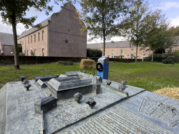 In the foreground model of the former Hohenbusch monastery destroyed during secularization at the beginning of the 19th century, historic preserved buildings in the background, Erkelenz, North Rhine-Westphalia, Germany