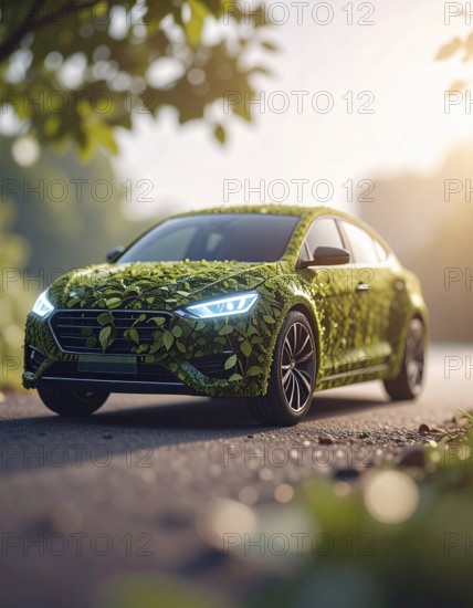 Car formed by green leaves and branches. Sustainable Car technology, ecology concept in harmony with nature, abstract wallpaper illustration, AI generated