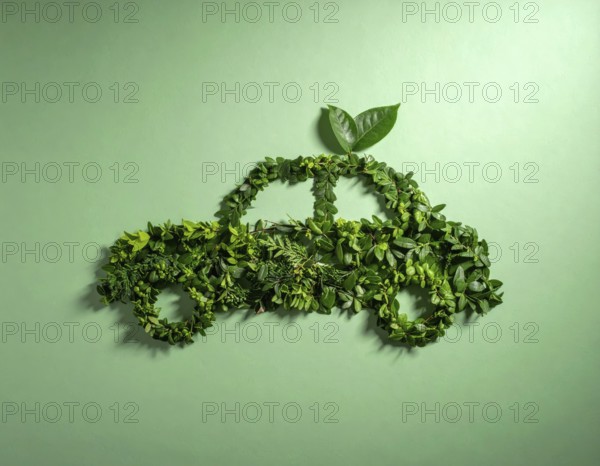 Car formed by green leaves and branches. Sustainable Car technology, ecology concept in harmony with nature, abstract wallpaper illustration, AI generated