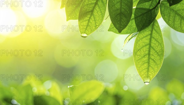 Natural green leaves plants, spring ans summer background cover page, golden soft light, green and yellow hues, ecology wallpaper illustration, AI Generated image