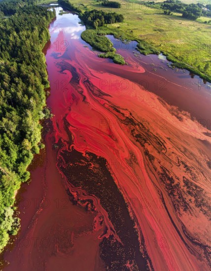Red algae plant on the lake. abstract ecology nature concept, wild landscape with vibrant red colored water and green forest on a sunny day in summer, Aerial view, wilderness nature with no people around, AI generated