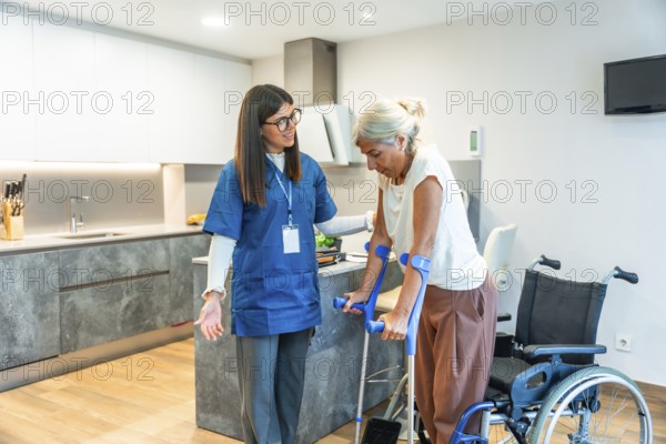 Home nurse assisting a senior woman using crutches to walk, providing support and physical therapy during her rehabilitation process in a modern home environment
