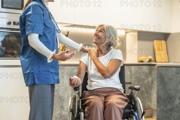 Nurse supporting an elderly woman in a wheelchair, providing care and medicine, symbolizing home care assistance and healthcare support for seniors with disabilities