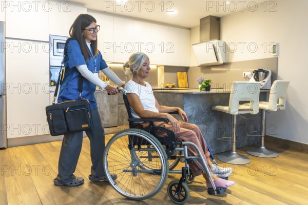 Nurse assisting a senior woman in a wheelchair, providing home care assistance in a modern kitchen setting, highlighting elderly healthcare and support services