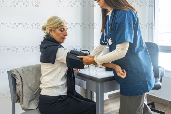Healthcare professional checking a senior woman's blood pressure. Monitoring her health during a routine medical examination in a bright office environment. Focusing on preventive care and well being