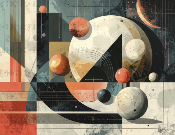 Vector art illustration, spheres, rectangles, triangles and geometric pattern, vector wallpaper illustration, textured background in vibrant colors, abstract drawing, simple artwork design for template or banner, AI generated