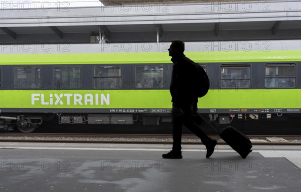 Flixtrain train on track 2 in Essen main station, North Rhine-Westphalia, Germany