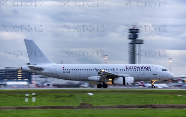Eurowings Airbus landing at Düsseldorf Airport, North Rhine-Westphalia, Germany