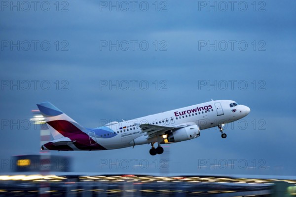 Eurowings Airbus A319 taking off from Düsseldorf Airport, North Rhine-Westphalia, Germany
