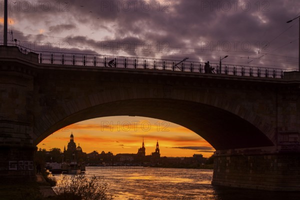 Dramatic evening sky over the silhouette of Dresden, Dresden, Saxony, Germany