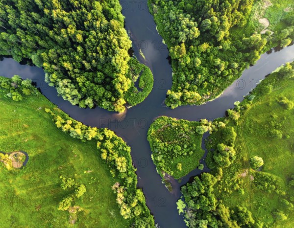 Ecology and environment concept. Green wilderness nature from above. Aerial view on meandering river landscape with trees and meadows. Healthy nature with tranquil atmosphere, AI generated