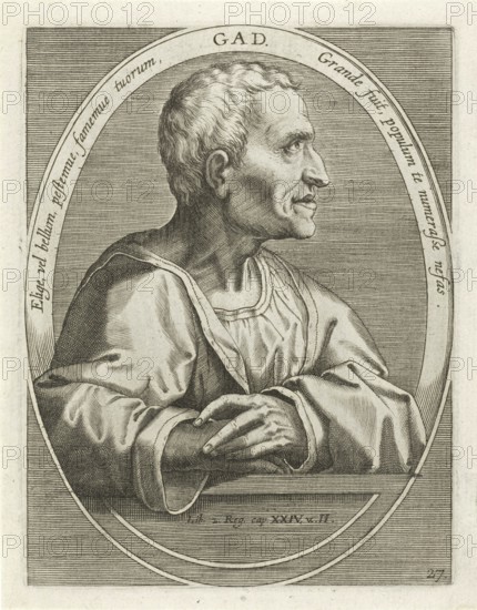 Gad is a prophet in the Old Testament. He lived in the time of King David and is referred to as David's seer in 2 Samuel 24, 1LUT, reproduction from a 19th-century model. Authentic, file restored for optimal use, exact date of original unknown