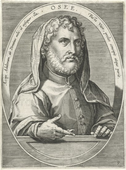 Hosea, Hoschea, Latin Osee, describes a historical scriptural prophet (750 - 725 BC) in the Northern Kingdom of Israel and the book attributed to him. The Book of Twelve Prophets in Tanach in Hebrew begins with him, reproduced from a 19th-century model. Authentic, file restored for optimal use, exact date of original unknown